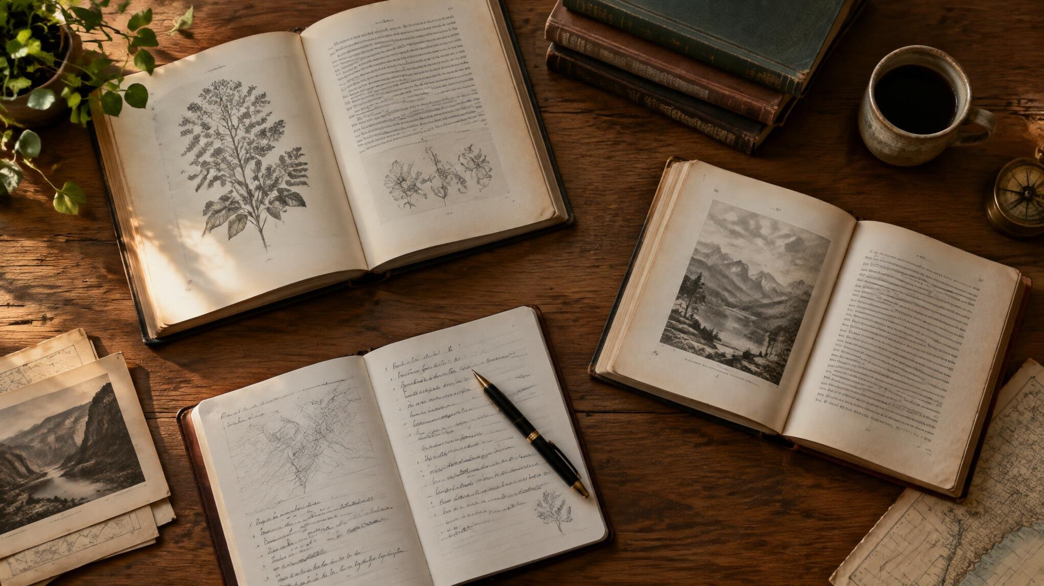 Desk with open books and handwritten notes