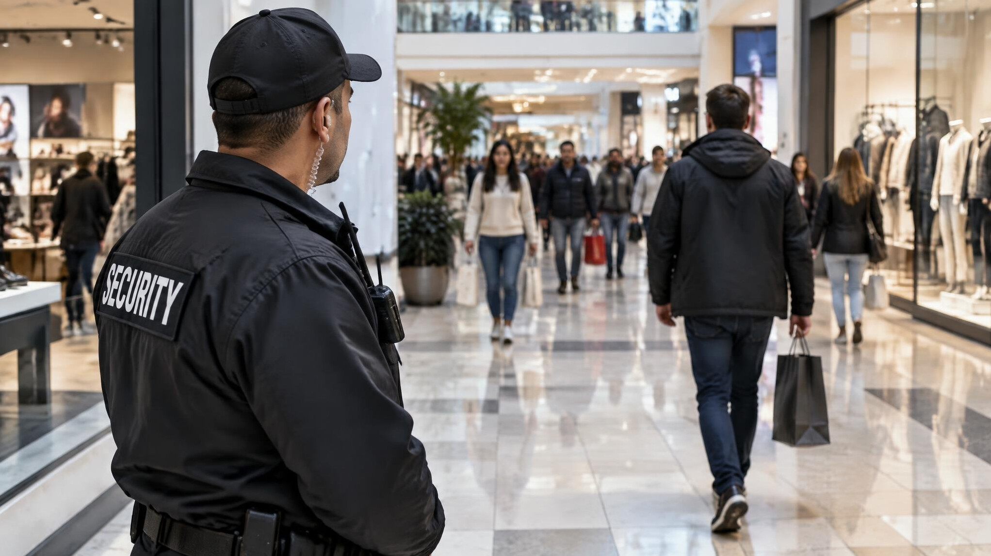 mall security guard watching crowd