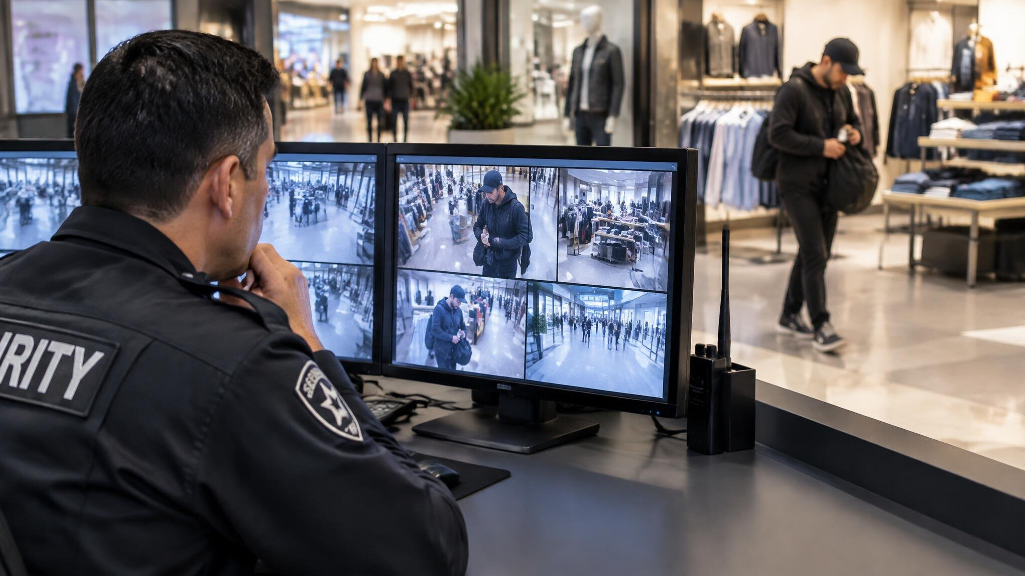 store security officer monitoring cameras